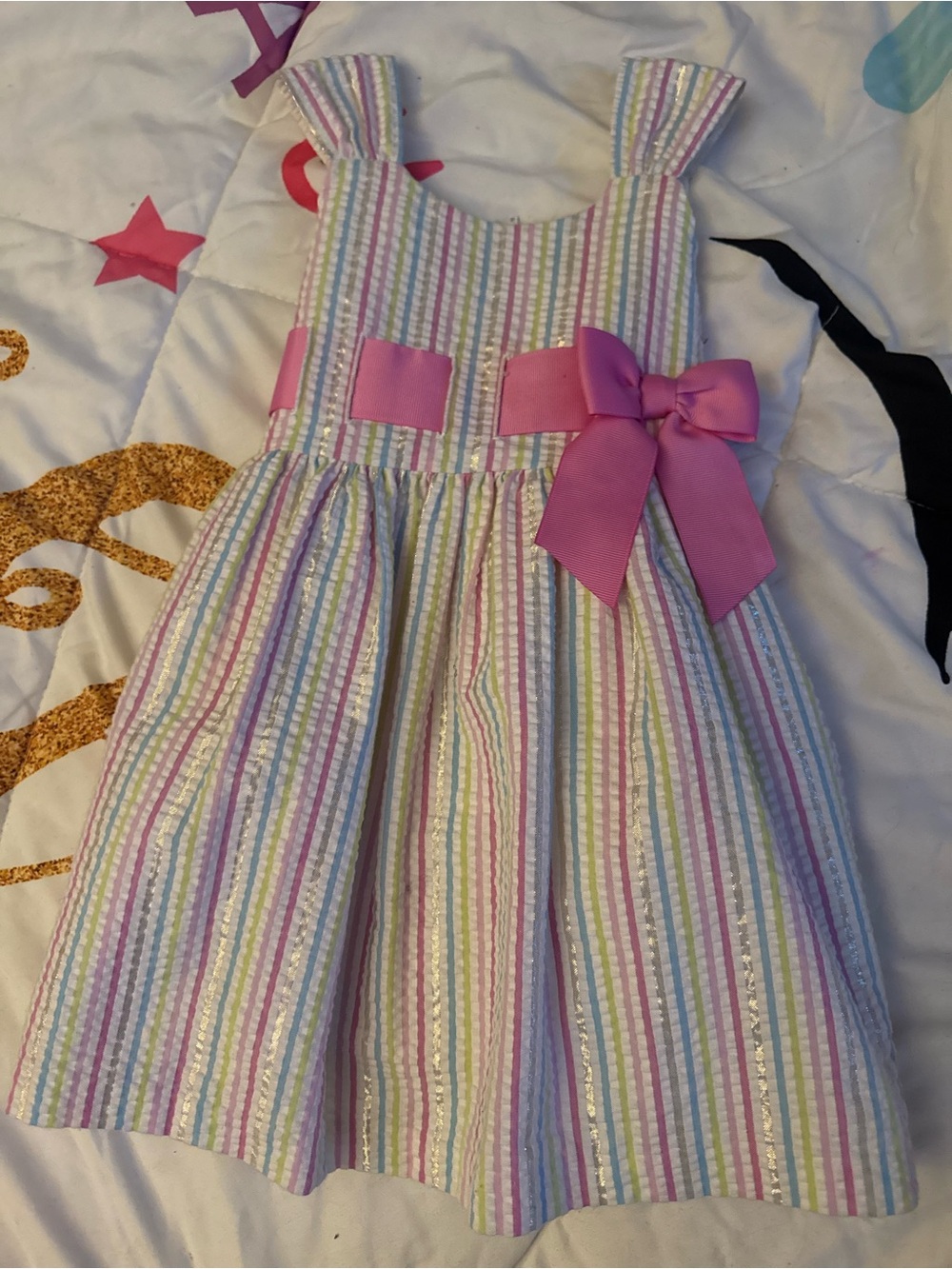 Bonnie Jean Pastel Stripe Seersucker Dress with Pink Bow